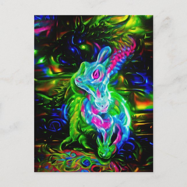 Psychedelic Rabbit Dragon i Neon Fantasy Vykort (Framsida)