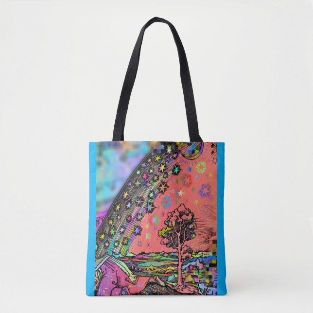 Psychedelic Rainbow Forest and Stars Tote Bag Tygkasse (Framsida)