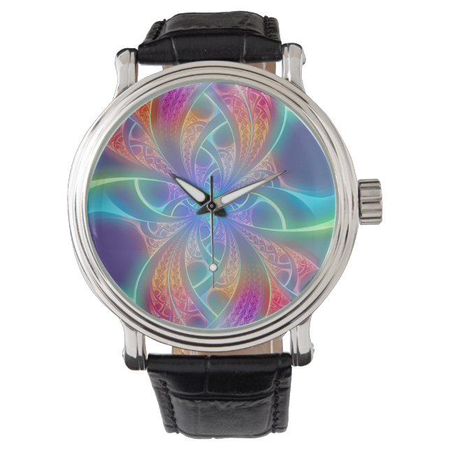 Psychedelic Rainbow Swirls Fractal Mönster Armbandsur (Framsida)