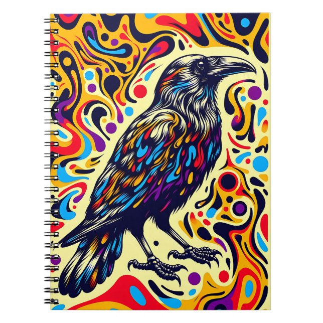 Psychedelic Raven Flow – Färgglad Abstrakt Fågelko Anteckningsbok (Framsidan)