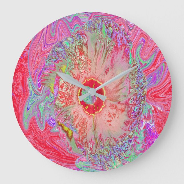 Psychedelic Retro Coral Rainbow Hibiscus Stor Klocka (Framsida)