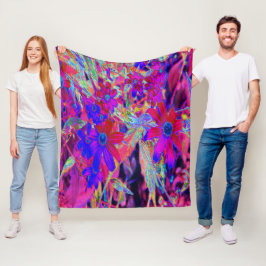 Psychedelic Retro Crimson och Magenta Wildblommor Fleecefilt