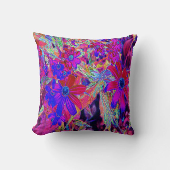 Psychedelic Retro Crimson och Magenta Wildblommor Kudde (Framsida)