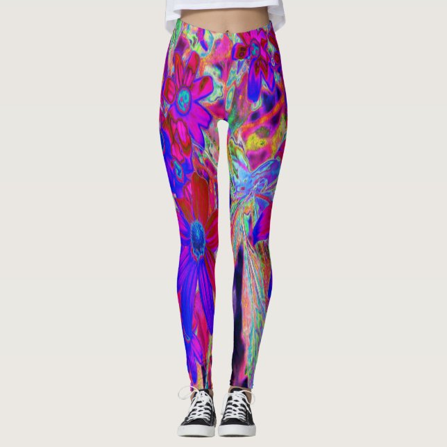 Psychedelic Retro Crimson och Magenta Wildblommor Leggings (Framsida)