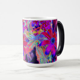 Psychedelic Retro Crimson och Magenta Wildblommor Magisk Mugg