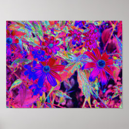 Psychedelic Retro Crimson och Magenta Wildblommor Poster