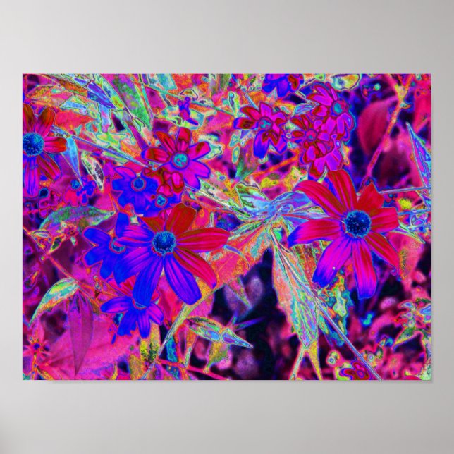 Psychedelic Retro Crimson och Magenta Wildblommor Poster (Framsidan)
