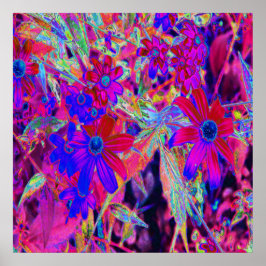 Psychedelic Retro Crimson och Magenta Wildblommor Poster