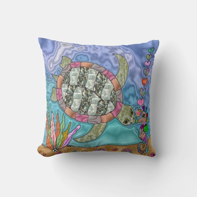 Psychedelic Sea Turtle Seahorse Art Pillow Kudde (Framsida)