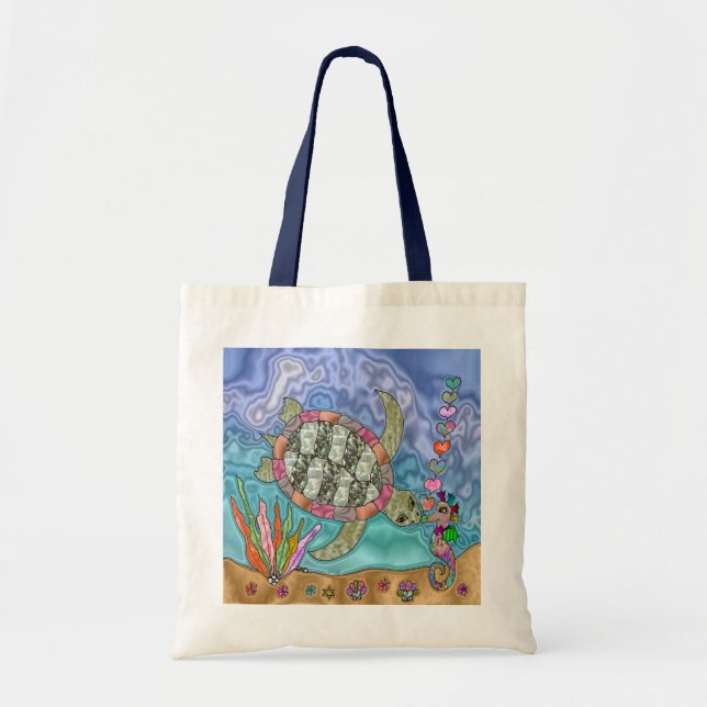 Psychedelic Sea Turtle Seahorse Art Tote Bag Tygkasse (Framsidan)