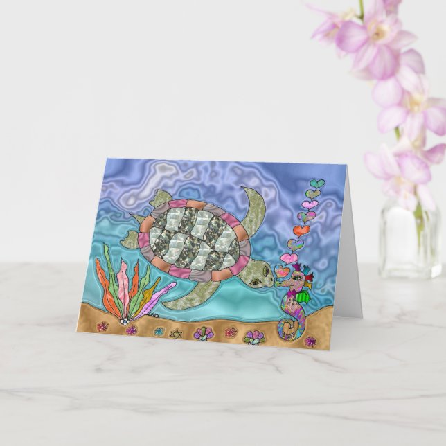 Psychedelic Sea Turtle Seahorse Kiss Art Kort (Orkide)