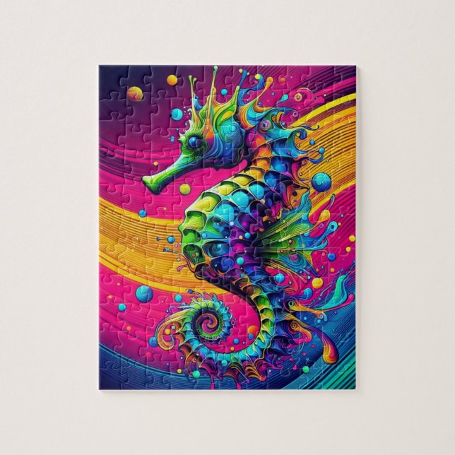 Psychedelic Seahorse Puzzle – Vibrant Ocean Challe Pussel (Vertikal)