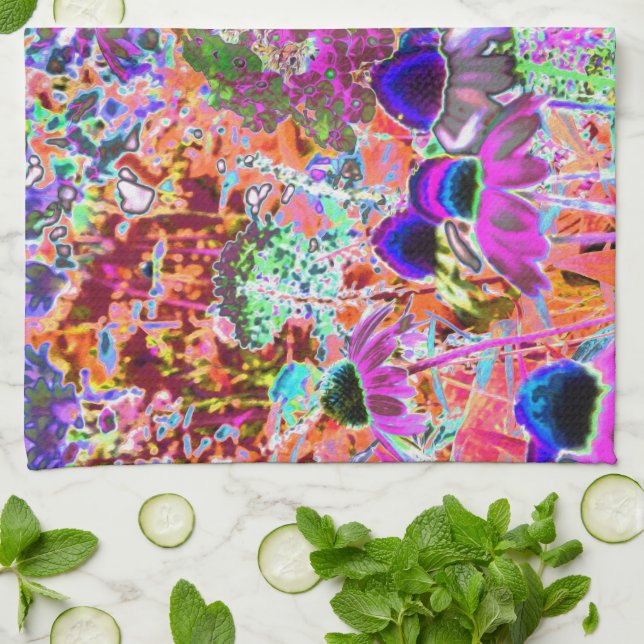 Psychedelic Shock rosa and Lime Green Garden Flowe Kökshandduk (Vikta)