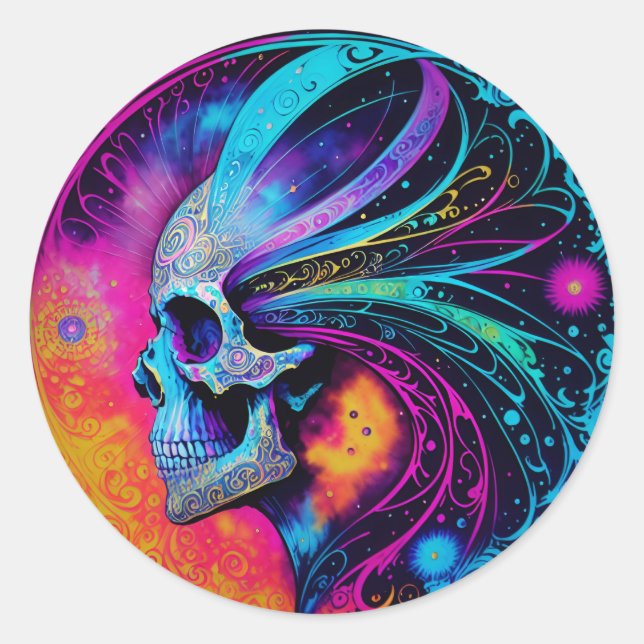 Psychedelic Skull och Mane Runt Klistermärke (Framsida)