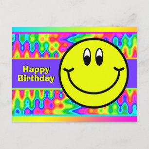 Psychedelic Smiling Ansikte Emoji Birthday Postcar Vykort