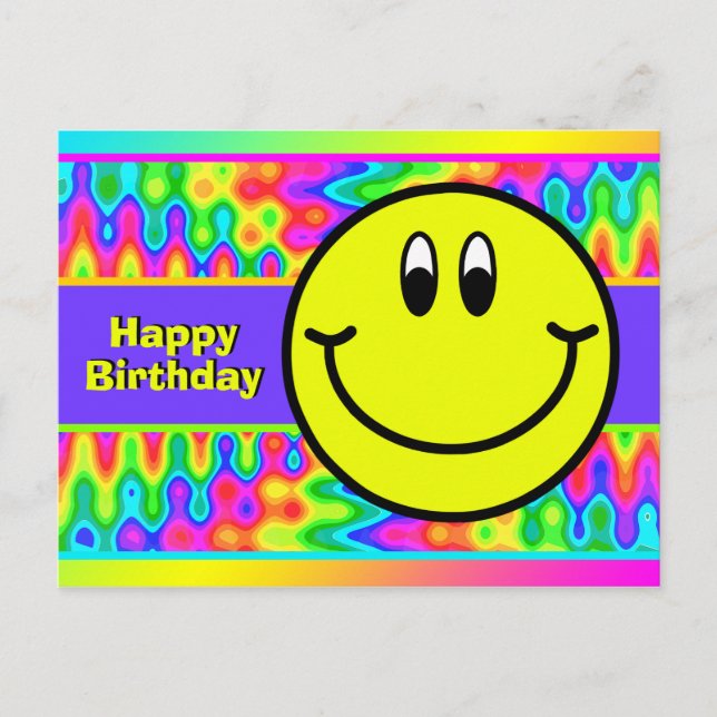 Psychedelic Smiling Ansikte Emoji Birthday Postcar Vykort (Framsida)