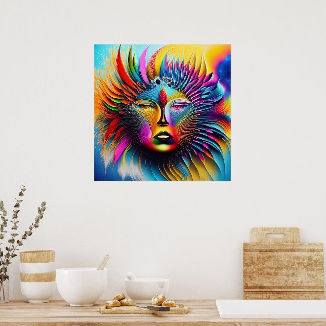 Psychedelic Sol Ansikte Boho Trippy Abstrakt Poster (Kök)