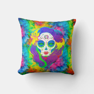[Psychedelic Sugar Skull] Fractal Tie-Dye Calavera Kudde