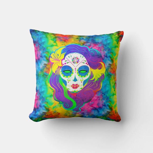 [Psychedelic Sugar Skull] Fractal Tie-Dye Calavera Kudde (Framsida)