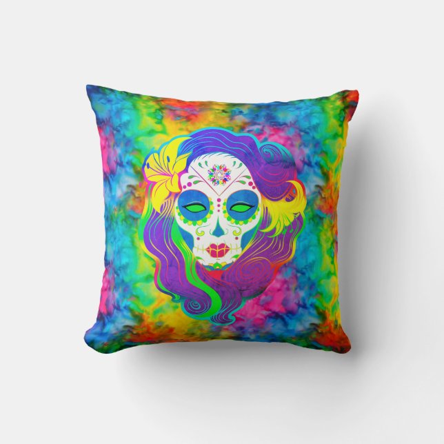 [Psychedelic Sugar Skull] Fraktal Tie-Dye Calavera Kudde (Framsida)