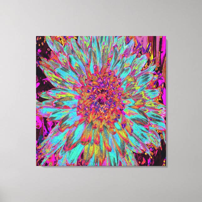 Psychedelic Teal Blue Abstrakt Decorative Dahlia Canvastryck (Framsida)