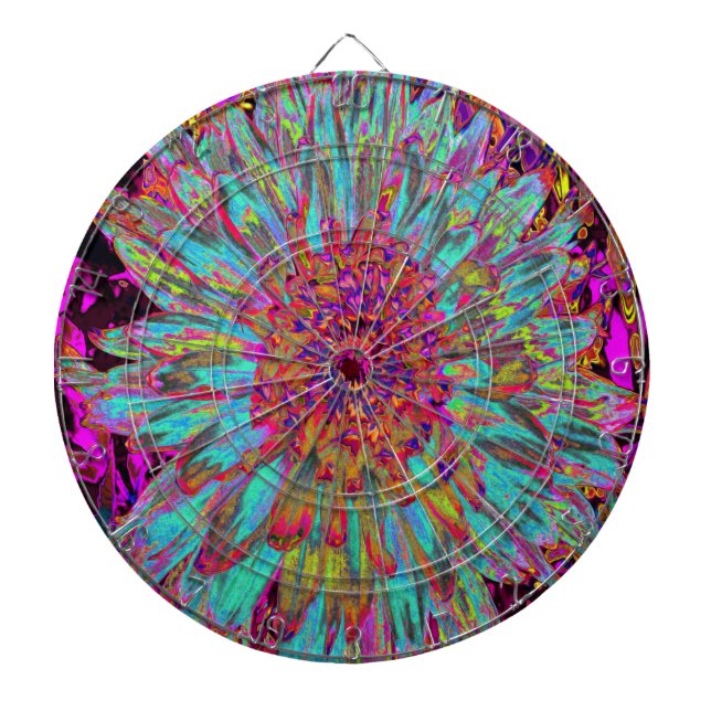 Psychedelic Teal Blue Abstrakt Decorative Dahlia Darttavla (Framsidan)
