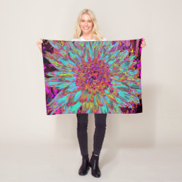 Psychedelic Teal Blue Abstrakt Decorative Dahlia Fleecefilt