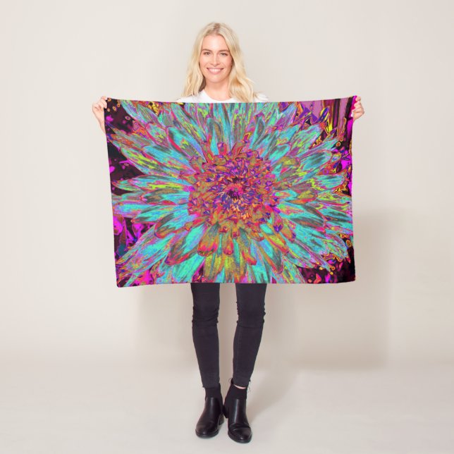Psychedelic Teal Blue Abstrakt Decorative Dahlia Fleecefilt (På plats)