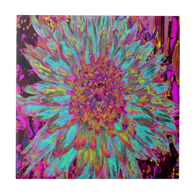 Psychedelic Teal Blue Abstrakt Decorative Dahlia Kakelplatta (Framsidan)