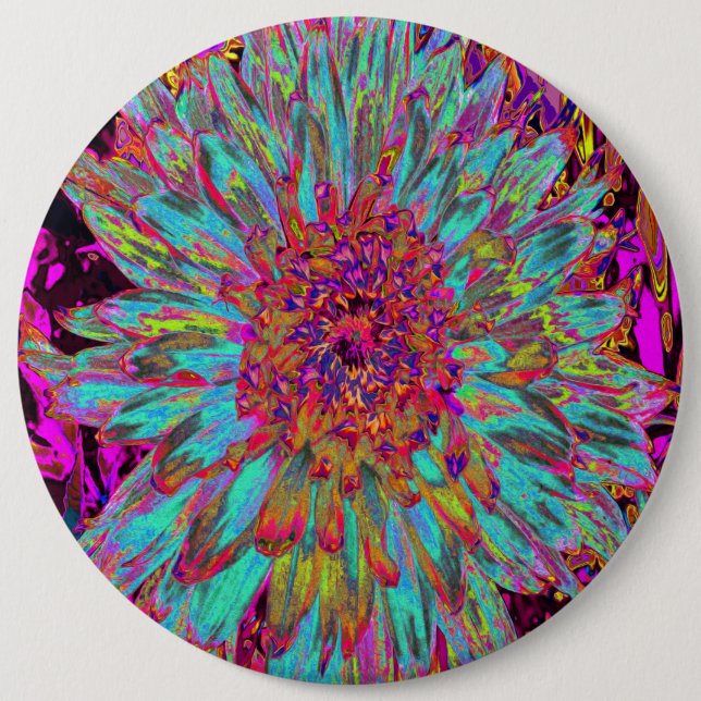 Psychedelic Teal Blue Abstrakt Decorative Dahlia Knapp (Framsida)