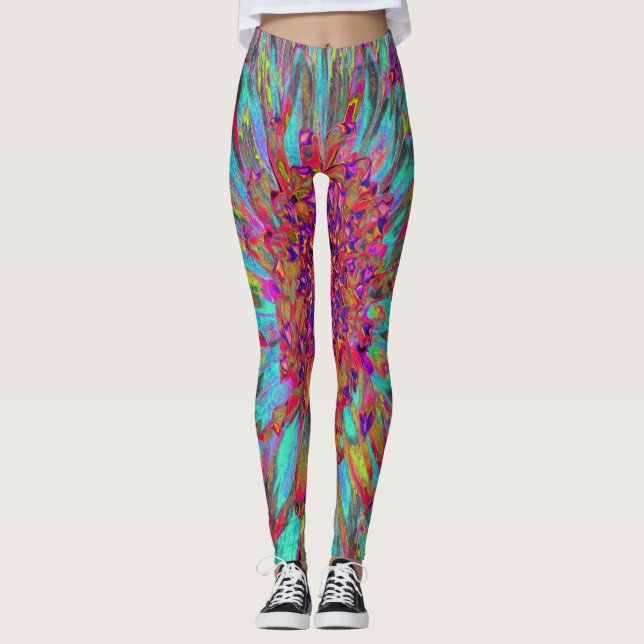 Psychedelic Teal Blue Abstrakt Decorative Dahlia Leggings (Framsida)