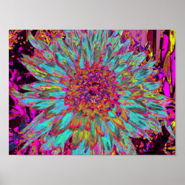 Psychedelic Teal Blue Abstrakt Decorative Dahlia Poster