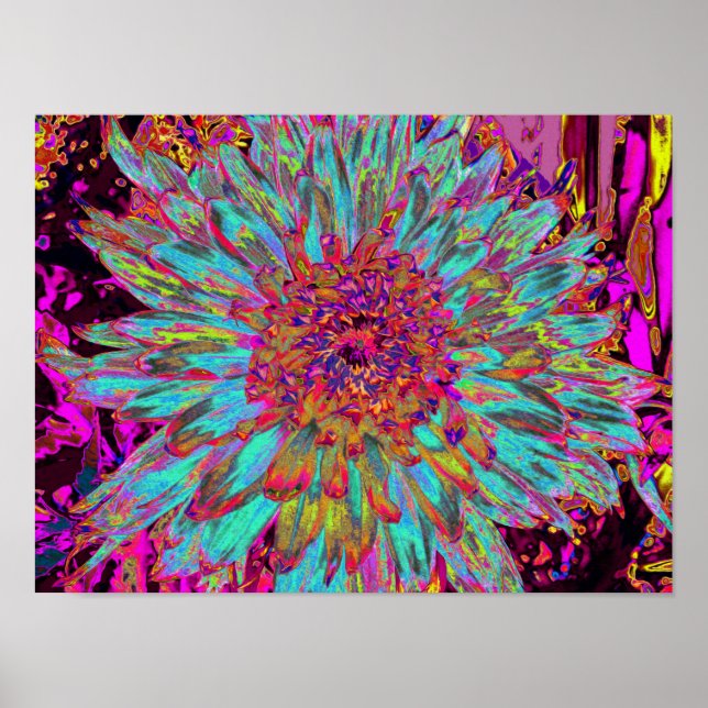 Psychedelic Teal Blue Abstrakt Decorative Dahlia Poster (Framsidan)