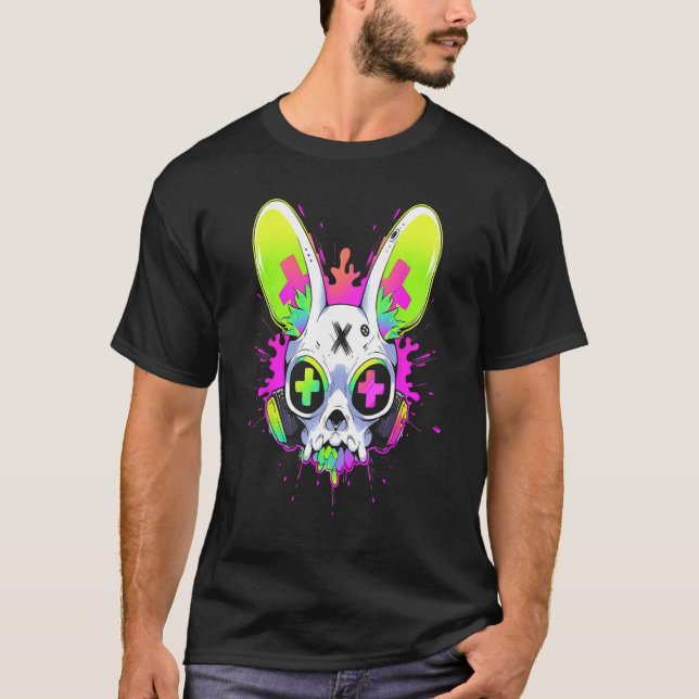 Psychedelic Techno Rabbit Rave EDM Punk Grunge Aes T Shirt (Framsida)