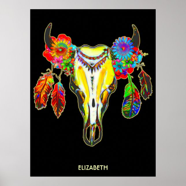 Psychedelic Tribal Cow Skull Flowers Feathers Poster (Framsidan)