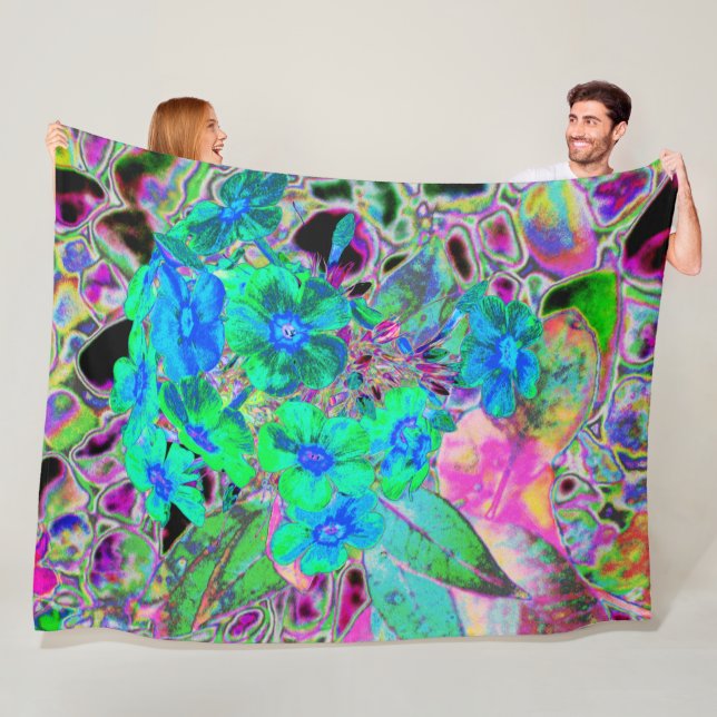 Psychedelic Trippy Lime Green och Blåa blommor Fleecefilt (På plats)