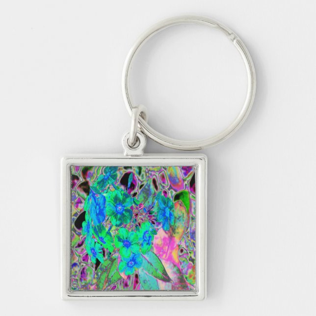 Psychedelic Trippy Lime Green och Blåa blommor Fyrkantig Silverfärgad Nyckelring (Framsidan)