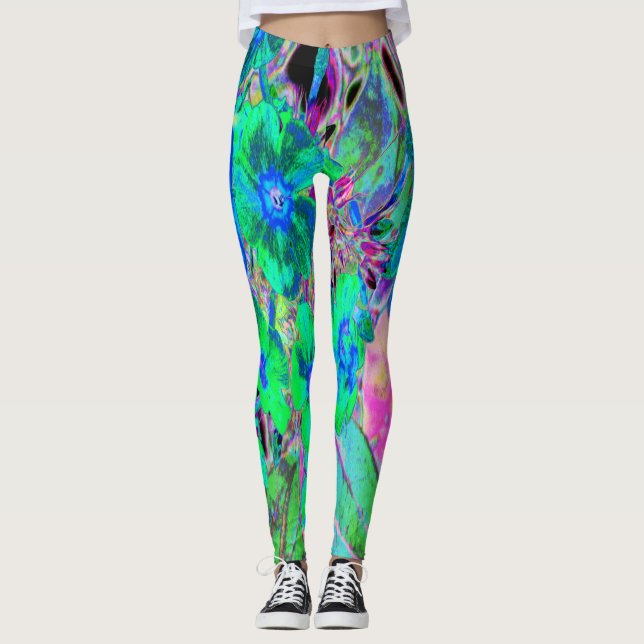 Psychedelic Trippy Lime Green och Blåa blommor Leggings (Framsida)