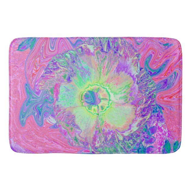Psychedelic Trippy Lime Green och Lila Hibiscus Badrumsmatta (Framsidan)