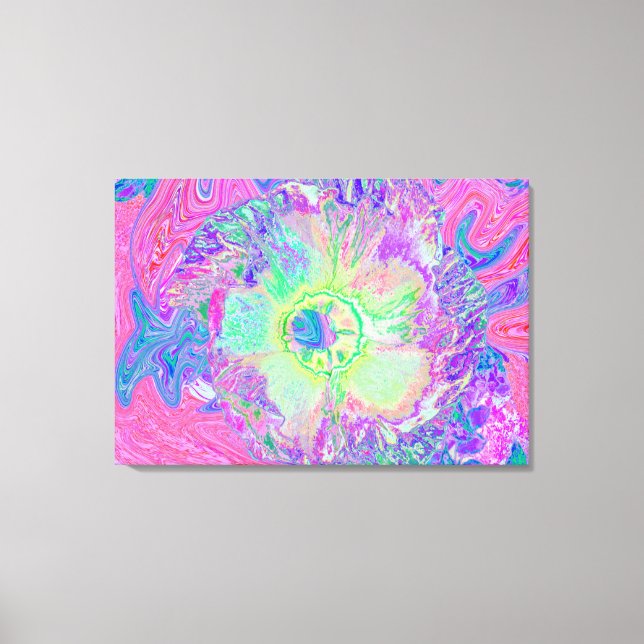 Psychedelic Trippy Lime Green och Lila Hibiscus Canvastryck (Framsida)