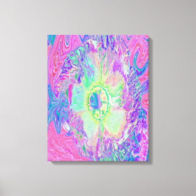 Psychedelic Trippy Lime Green och Lila Hibiscus Canvastryck (Framsida)