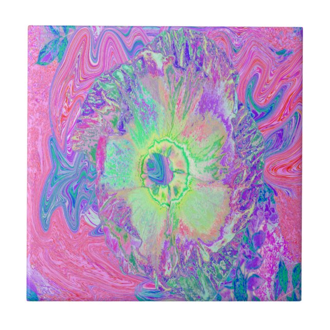 Psychedelic Trippy Lime Green och Lila Hibiscus Kakelplatta (Framsidan)