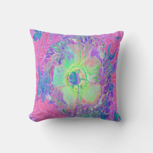 Psychedelic Trippy Lime Green och Lila Hibiscus Kudde