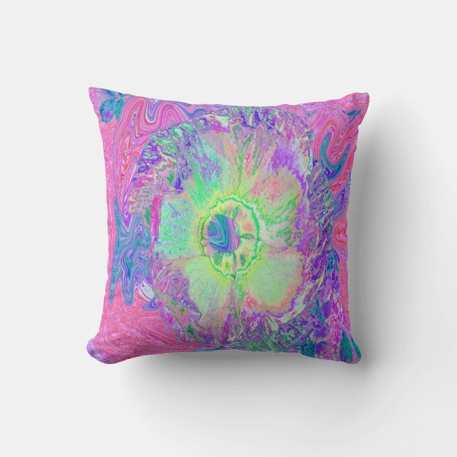Psychedelic Trippy Lime Green och Lila Hibiscus Kudde (Framsida)