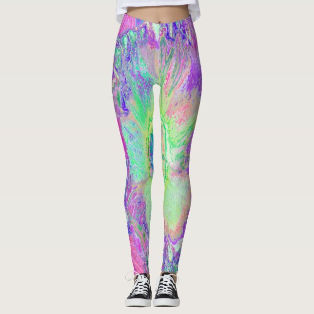 Psychedelic Trippy Lime Green och Lila Hibiscus Leggings (Framsida)
