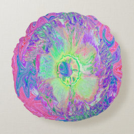 Psychedelic Trippy Lime Green och Lila Hibiscus Rund Kudde
