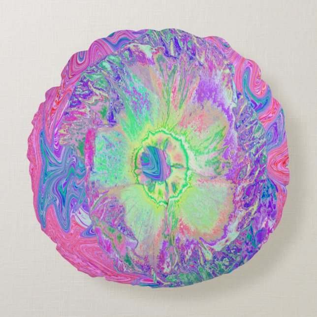 Psychedelic Trippy Lime Green och Lila Hibiscus Rund Kudde (Framsidan)