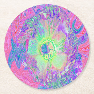 Psychedelic Trippy Lime Green och Lila Hibiscus Underlägg Papper Rund