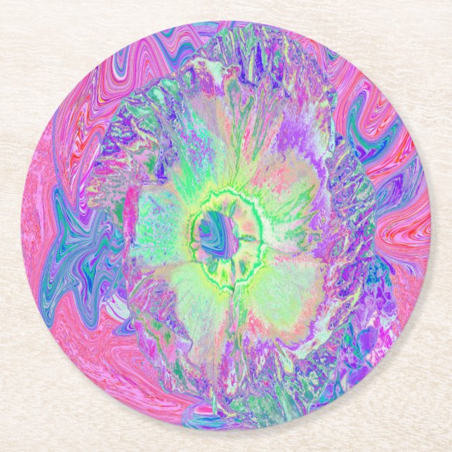 Psychedelic Trippy Lime Green och Lila Hibiscus Underlägg Papper Rund (Framsidan)