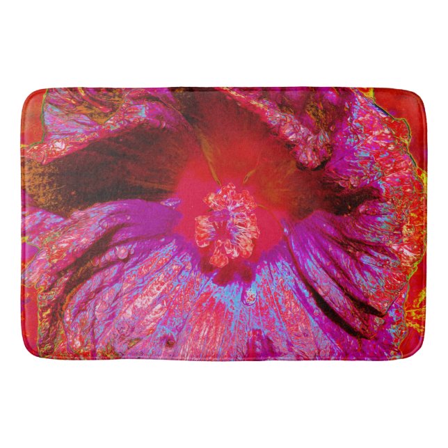Psychedelic Trippy Retro Red Hibiscus Flower Badrumsmatta (Framsidan)
